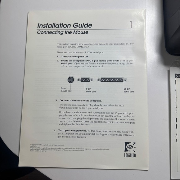 Logitech First Mouse Serial Version PC Computer Mouse - OPEN BOX. (No Adapter) - Picture 3 of 9
